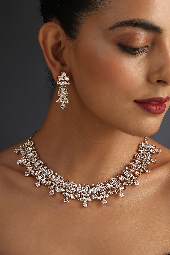 Rose Gold Finish Synthetic Stone & Kundan Polki Necklace Set In Sterling Silver by Swabhimann Jewellery at Pernia's Pop Up Shop