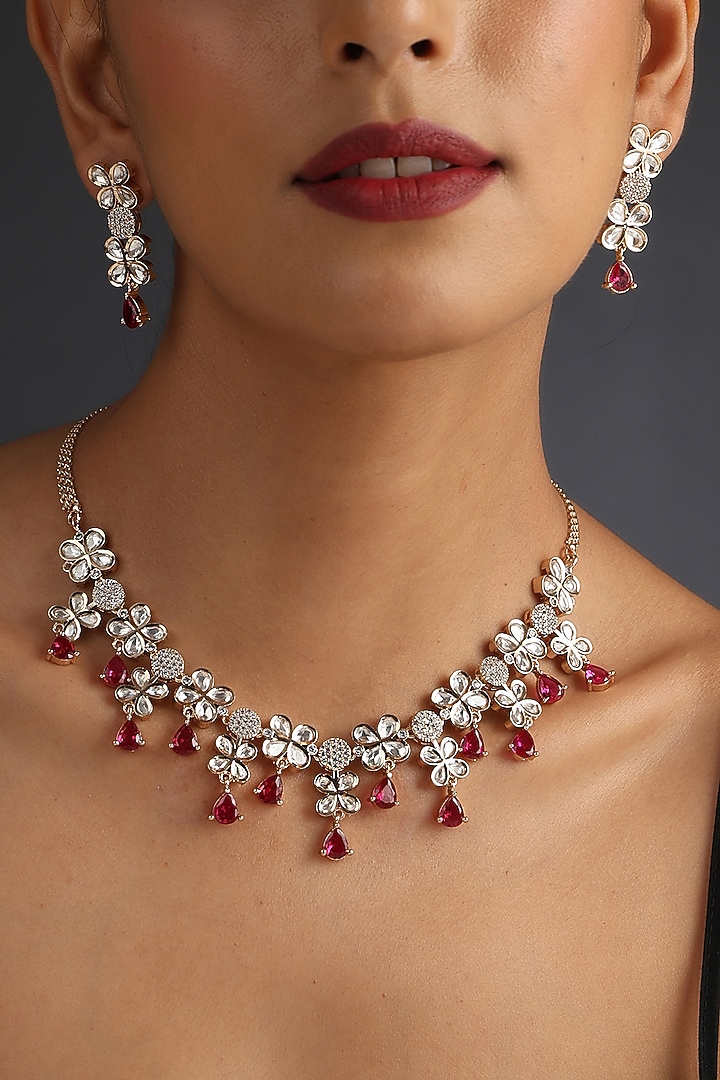 Rose Gold Finish Red Synthetic Stone & Kundan Polki Necklace Set In Sterling Silver by Swabhimann Jewellery at Pernia's Pop Up Shop