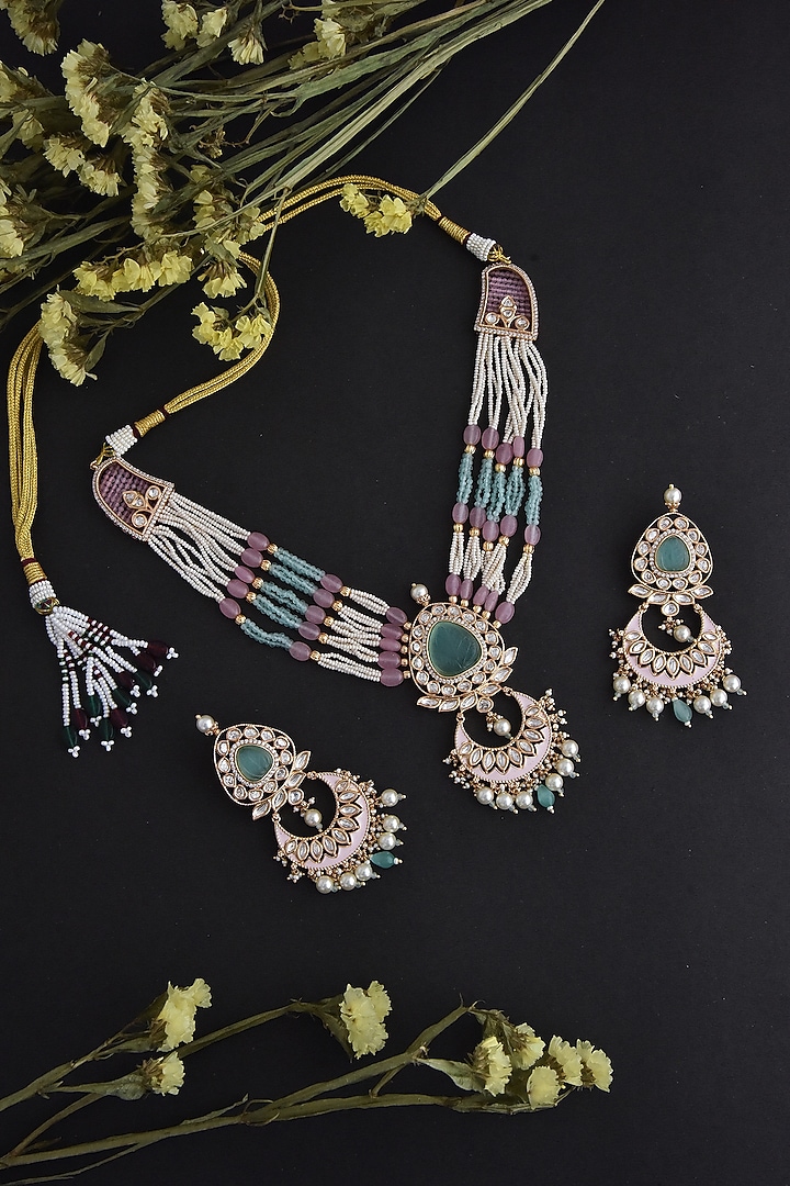 Gold Finish Pink & Mint Kundan Polki Necklace Set In Sterling Silver by Swabhimann Jewellery at Pernia's Pop Up Shop