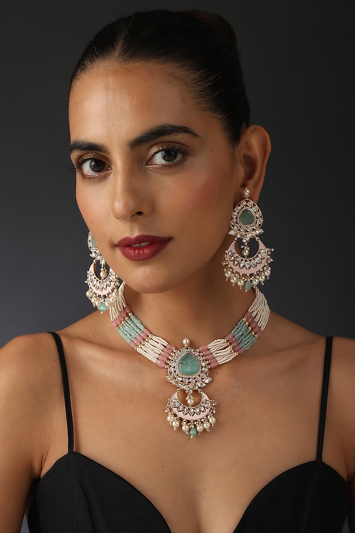 Gold Finish Pink & Mint Kundan Polki Necklace Set In Sterling Silver by Swabhimann Jewellery at Pernia's Pop Up Shop