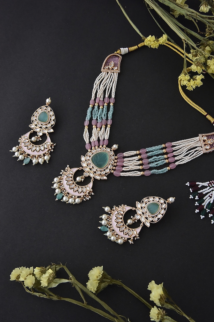 Gold Finish Pink & Mint Kundan Polki Necklace Set In Sterling Silver by Swabhimann Jewellery at Pernia's Pop Up Shop