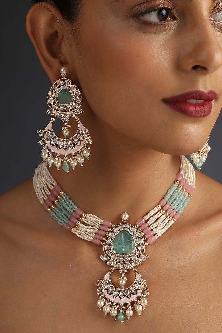 Gold Finish Pink & Mint Kundan Polki Necklace Set In Sterling Silver by Swabhimann Jewellery at Pernia's Pop Up Shop