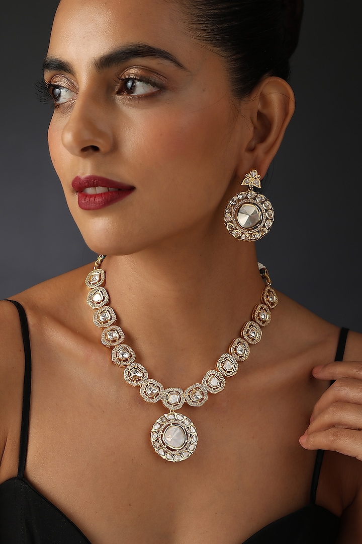Gold Finish Kundan Polki Necklace Set In Sterling Silver by Swabhimann Jewellery at Pernia's Pop Up Shop