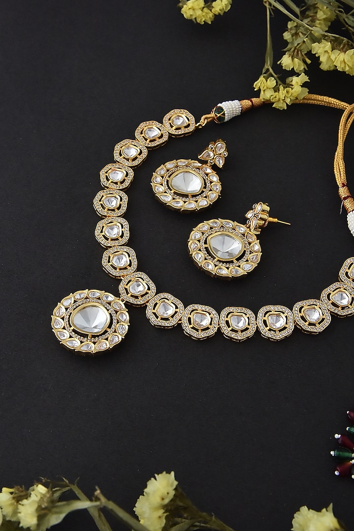 Gold Finish Kundan Polki Necklace Set In Sterling Silver by Swabhimann Jewellery at Pernia's Pop Up Shop