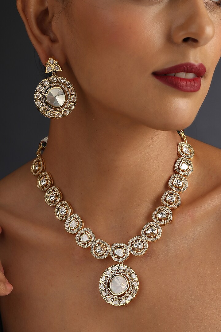 Gold Finish Kundan Polki Necklace Set In Sterling Silver by Swabhimann Jewellery at Pernia's Pop Up Shop