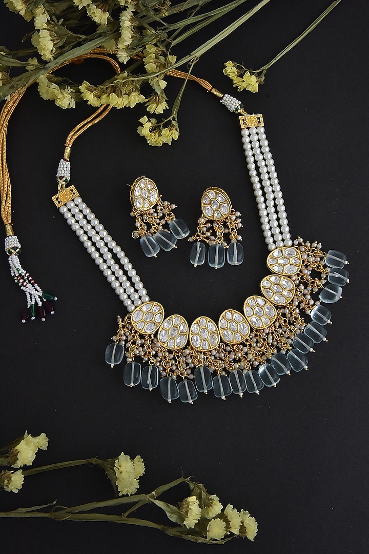 Gold Finish Mint Synthetic Stone & Kundan Polki Necklace Set by Swabhimann Jewellery at Pernia's Pop Up Shop