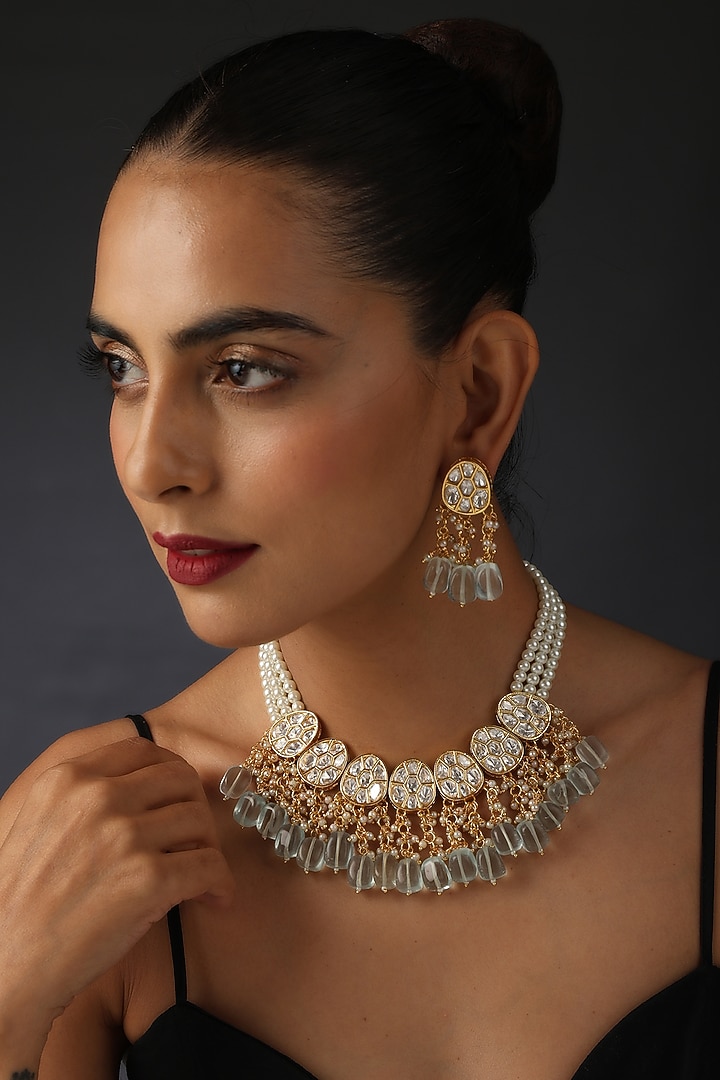 Gold Finish Mint Synthetic Stone & Kundan Polki Necklace Set by Swabhimann Jewellery at Pernia's Pop Up Shop