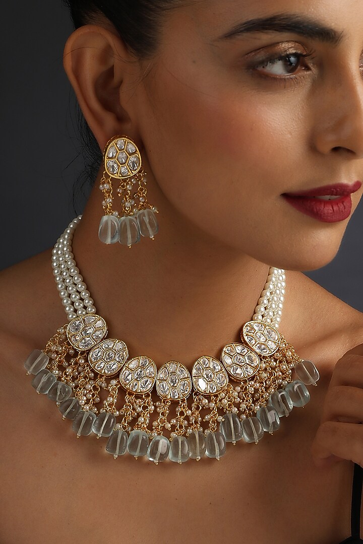 Gold Finish Mint Synthetic Stone & Kundan Polki Necklace Set by Swabhimann Jewellery at Pernia's Pop Up Shop