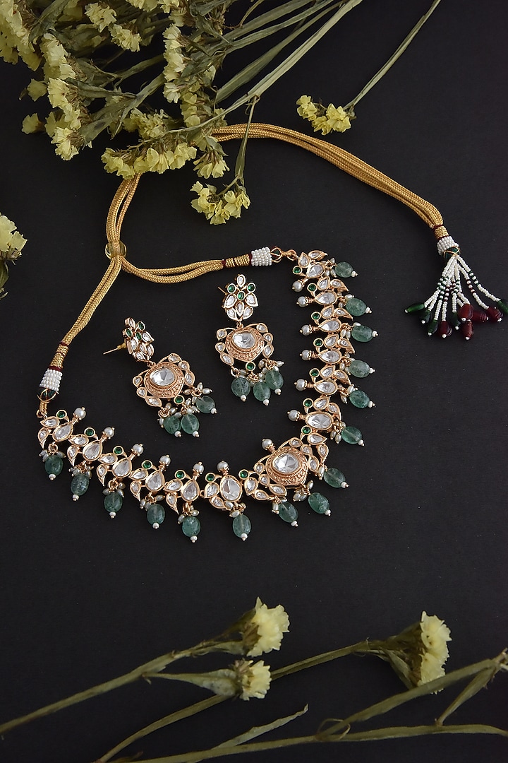 Gold Finish Green Synthetic Stone & Kundan Polki Necklace Set In Sterling Silver by Swabhimann Jewellery at Pernia's Pop Up Shop