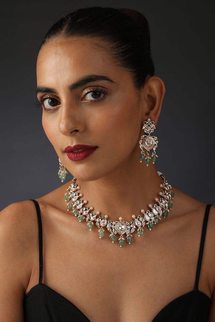 Gold Finish Green Synthetic Stone & Kundan Polki Necklace Set In Sterling Silver by Swabhimann Jewellery at Pernia's Pop Up Shop