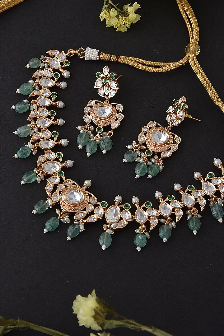 Gold Finish Green Synthetic Stone & Kundan Polki Necklace Set In Sterling Silver by Swabhimann Jewellery at Pernia's Pop Up Shop