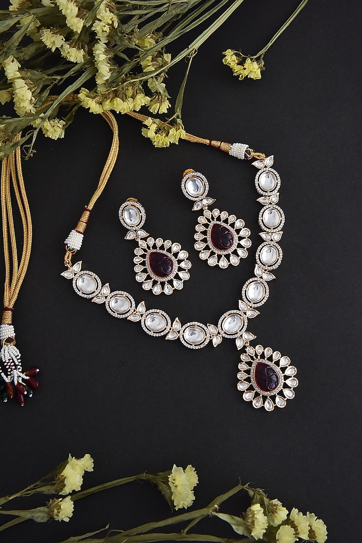 Gold Finish Red Synthetic Stone & Kundan Polki Necklace Set In Sterling Silver by Swabhimann Jewellery at Pernia's Pop Up Shop