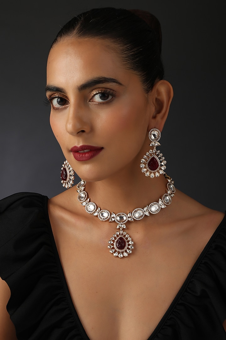 Gold Finish Red Synthetic Stone & Kundan Polki Necklace Set In Sterling Silver by Swabhimann Jewellery at Pernia's Pop Up Shop