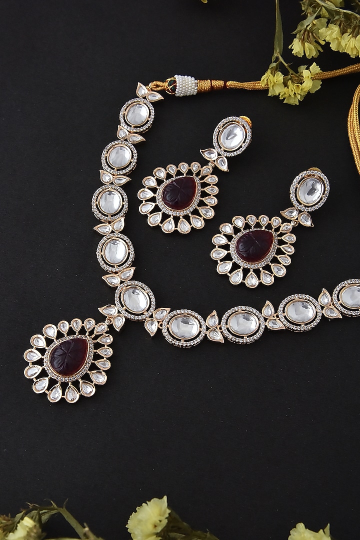 Gold Finish Red Synthetic Stone & Kundan Polki Necklace Set In Sterling Silver by Swabhimann Jewellery at Pernia's Pop Up Shop