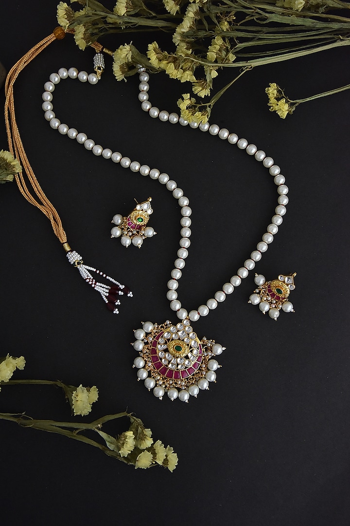 Gold Finish Synthetic Stone & Kundan Polki Long Necklace Set by Swabhimann Jewellery at Pernia's Pop Up Shop