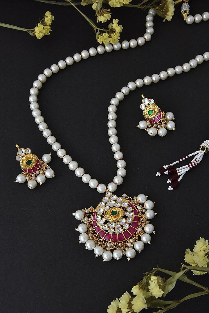Gold Finish Synthetic Stone & Kundan Polki Long Necklace Set by Swabhimann Jewellery at Pernia's Pop Up Shop