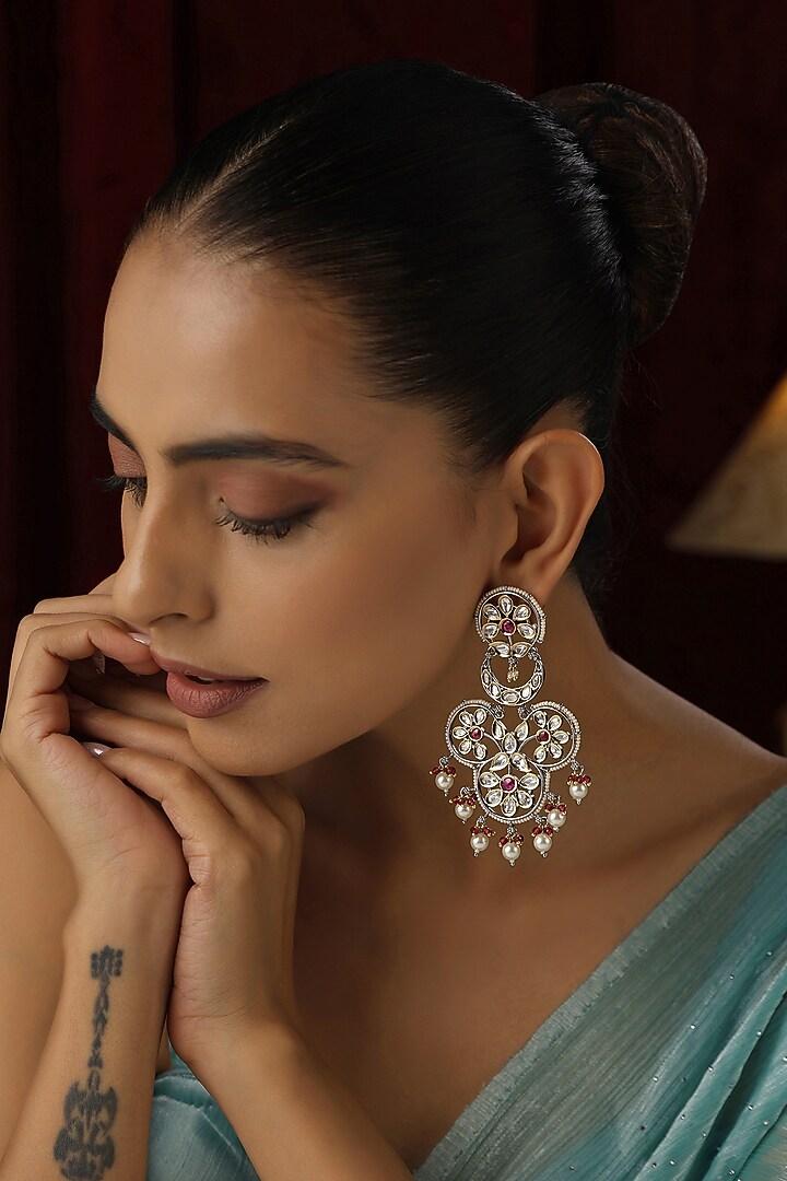 Two-Tone Finish Red Kundan Polki Handmade Dangler Earrings by Swabhimann Jewellery at Pernia's Pop Up Shop