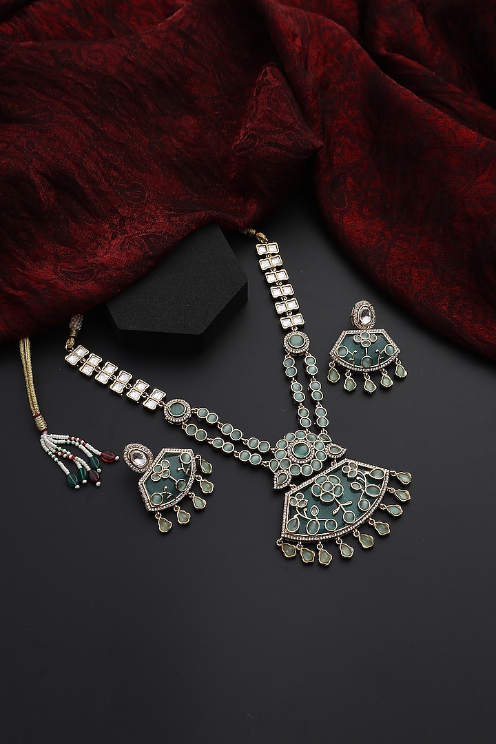 Gold Finish Mint Kundan Polki Handmade Long Necklace Set by Swabhimann Jewellery at Pernia's Pop Up Shop