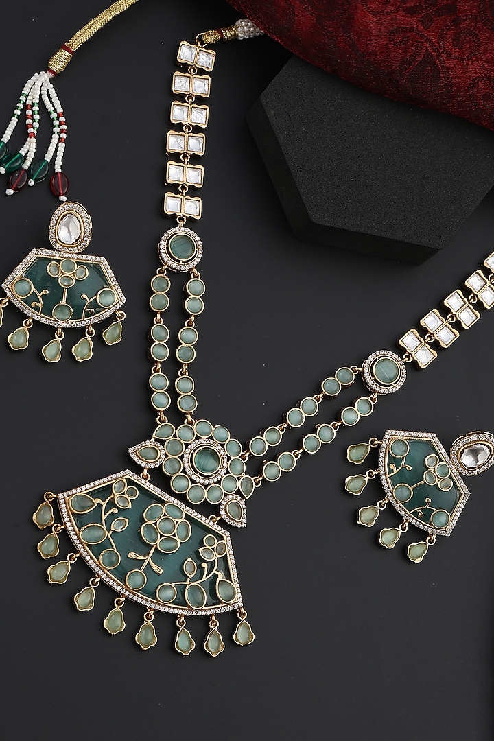 Gold Finish Mint Kundan Polki Handmade Long Necklace Set by Swabhimann Jewellery at Pernia's Pop Up Shop