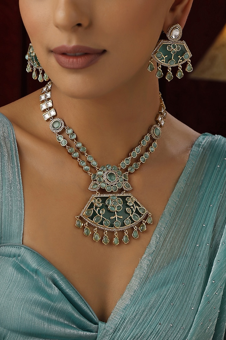 Gold Finish Mint Kundan Polki Handmade Long Necklace Set by Swabhimann Jewellery at Pernia's Pop Up Shop