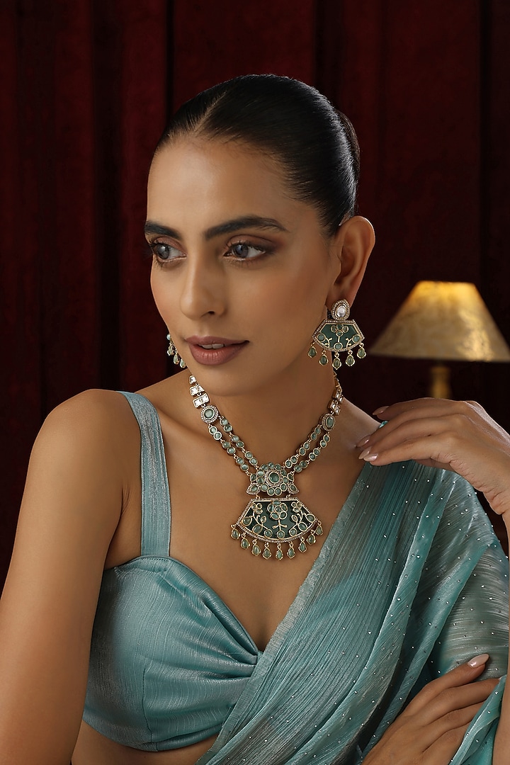 Gold Finish Mint Kundan Polki Handmade Long Necklace Set by Swabhimann Jewellery at Pernia's Pop Up Shop