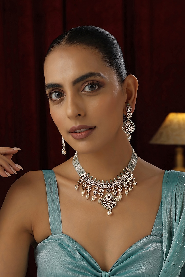 Rose Gold Finish Cyan Blue Kundan Polki Handmade Layered Necklace Set by Swabhimann Jewellery