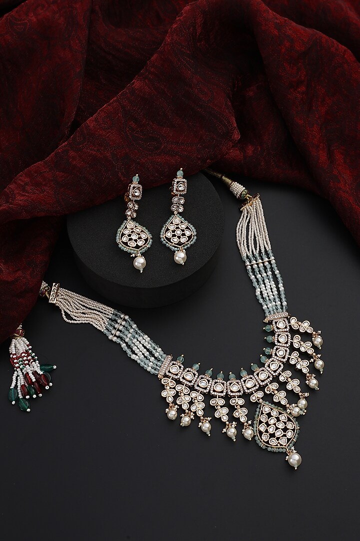 Rose Gold Finish Cyan Blue Kundan Polki Handmade Layered Necklace Set by Swabhimann Jewellery at Pernia's Pop Up Shop