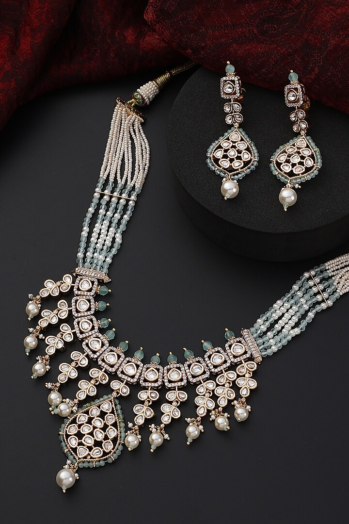 Rose Gold Finish Cyan Blue Kundan Polki Handmade Layered Necklace Set by Swabhimann Jewellery at Pernia's Pop Up Shop