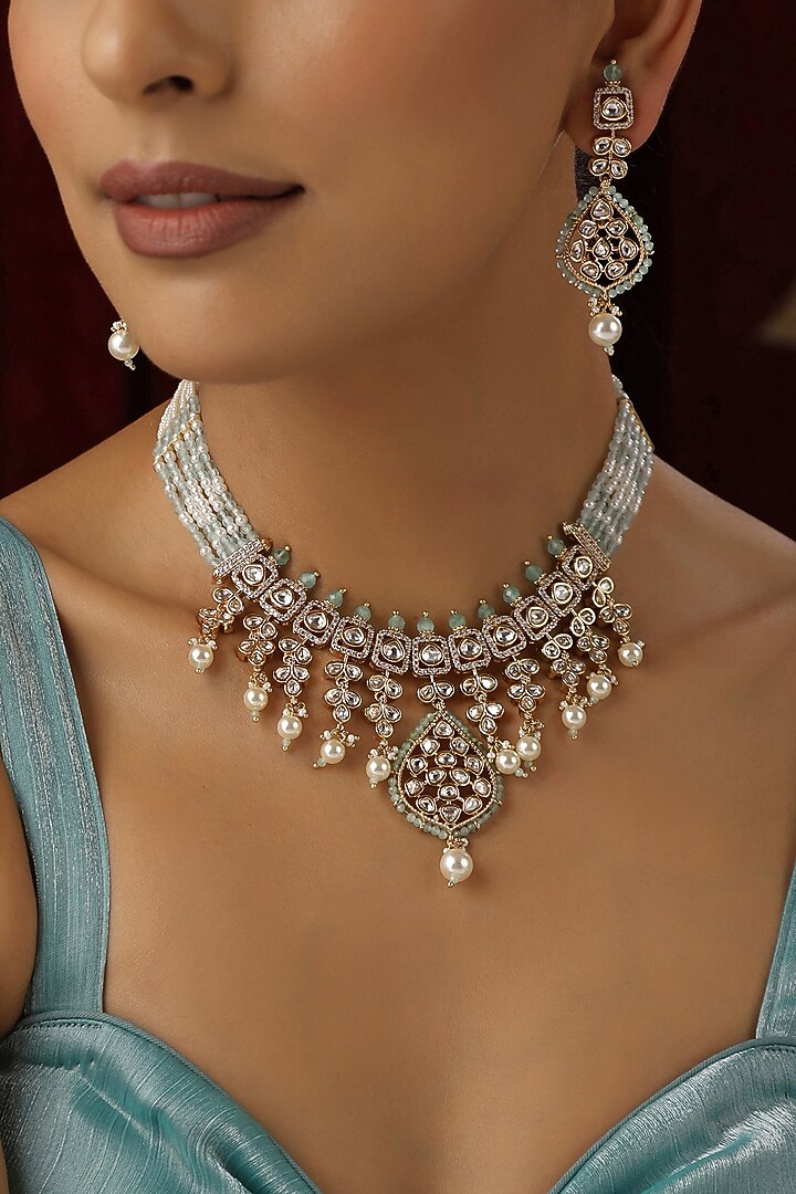 Rose Gold Finish Cyan Blue Kundan Polki Handmade Layered Necklace Set by Swabhimann Jewellery at Pernia's Pop Up Shop