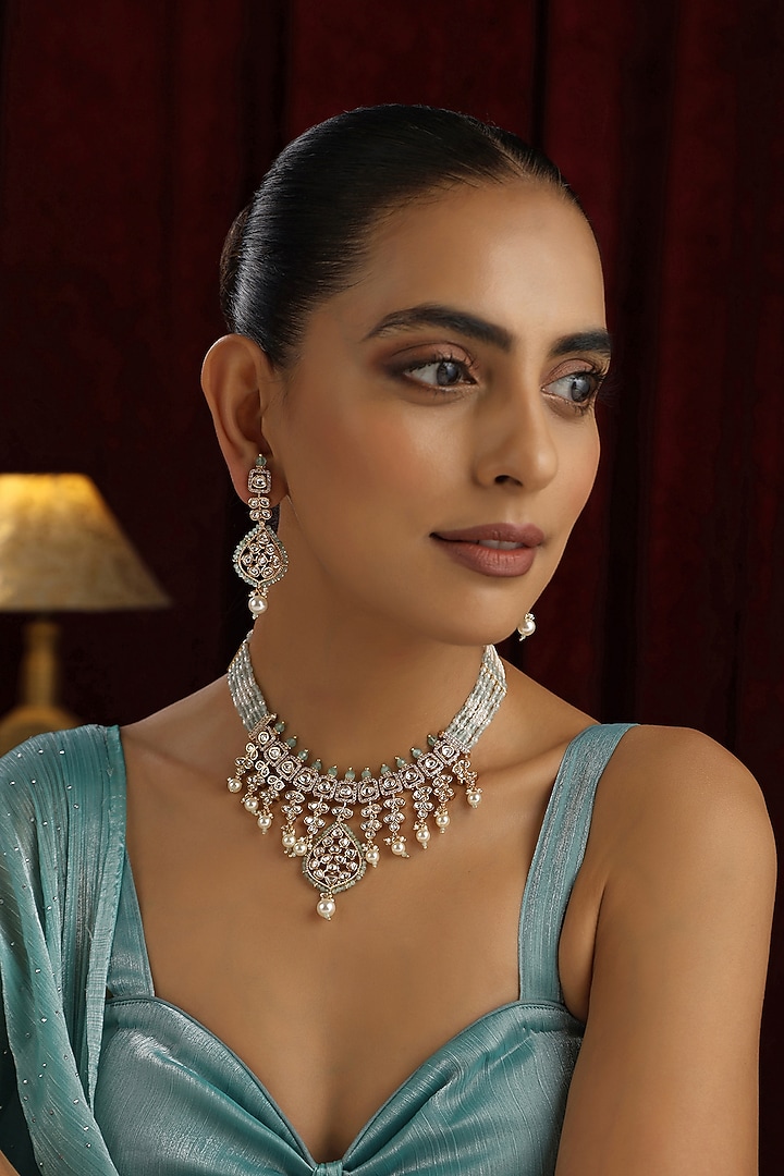 Rose Gold Finish Cyan Blue Kundan Polki Handmade Layered Necklace Set by Swabhimann Jewellery at Pernia's Pop Up Shop