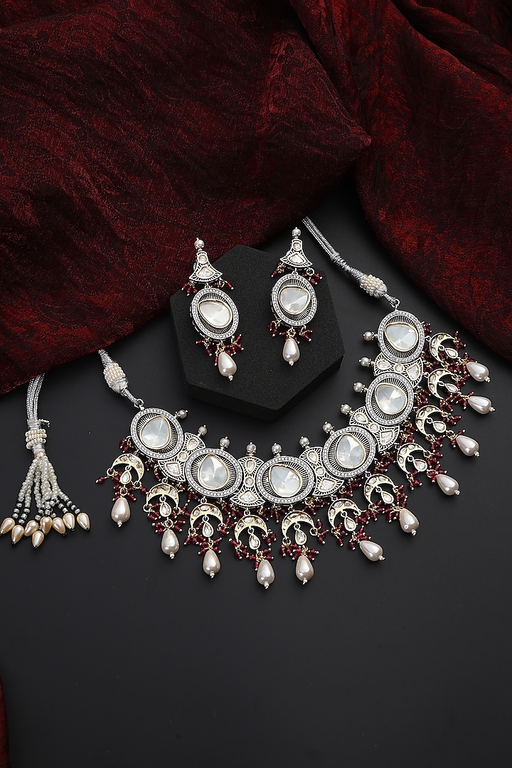White Finish Red Kundan Polki Handmade Choker Necklace Set by Swabhimann Jewellery at Pernia's Pop Up Shop
