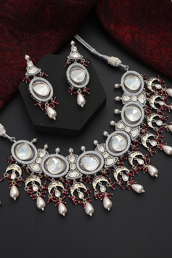 White Finish Red Kundan Polki Handmade Choker Necklace Set by Swabhimann Jewellery at Pernia's Pop Up Shop