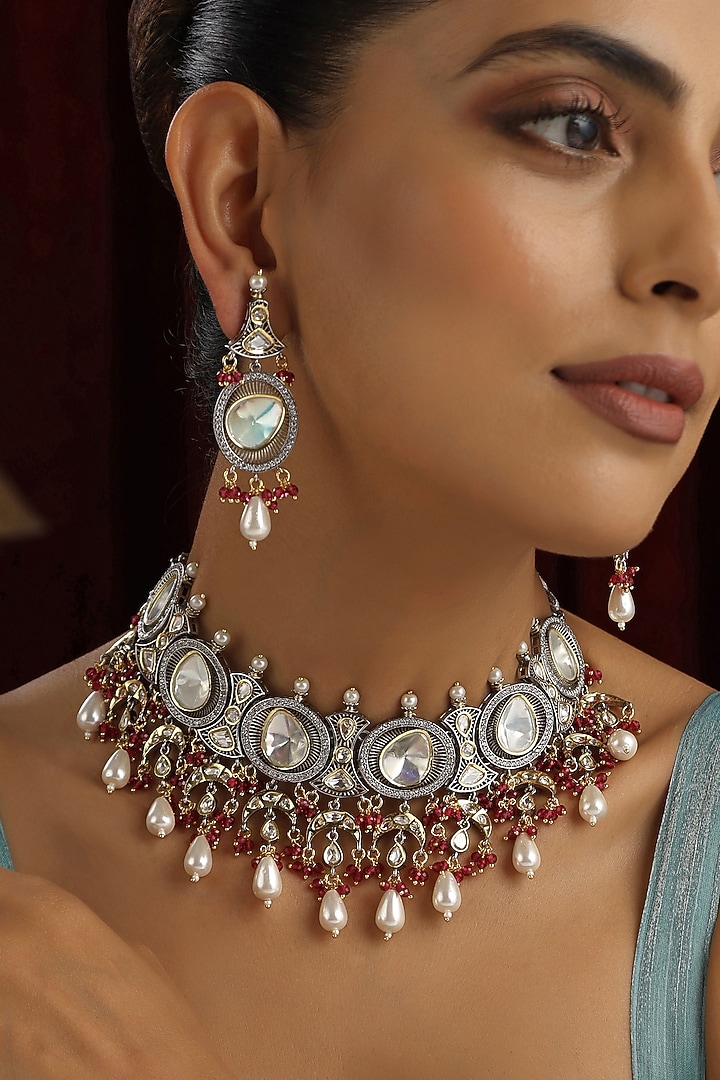 White Finish Red Kundan Polki Handmade Choker Necklace Set by Swabhimann Jewellery at Pernia's Pop Up Shop