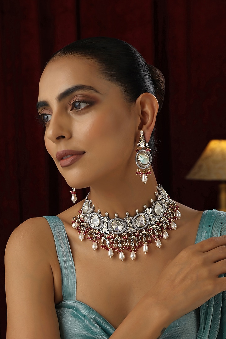 White Finish Red Kundan Polki Handmade Choker Necklace Set by Swabhimann Jewellery at Pernia's Pop Up Shop