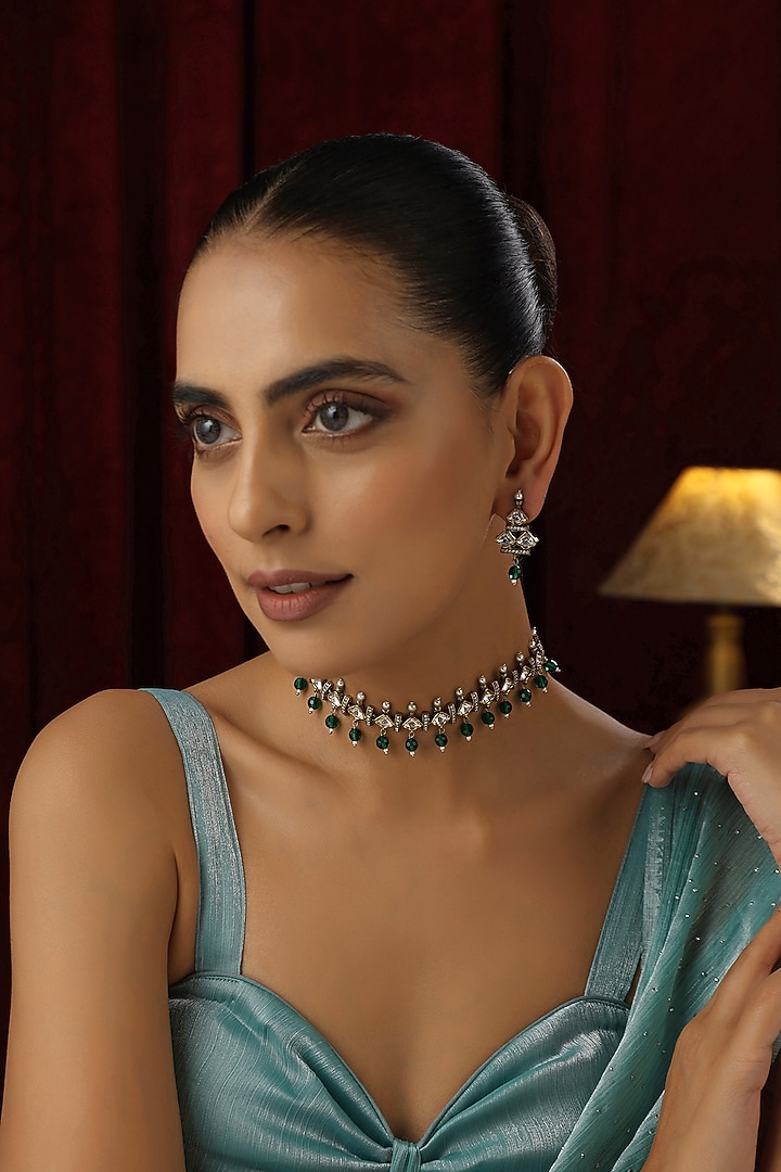 Gold Finish Green Kundan Polki Handmade Choker Necklace Set by Swabhimann Jewellery at Pernia's Pop Up Shop