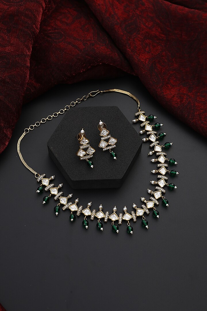 Gold Finish Green Kundan Polki Handmade Choker Necklace Set by Swabhimann Jewellery at Pernia's Pop Up Shop