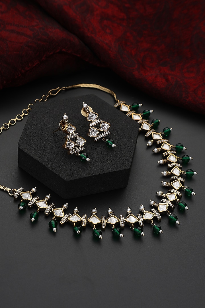 Gold Finish Green Kundan Polki Handmade Choker Necklace Set by Swabhimann Jewellery at Pernia's Pop Up Shop
