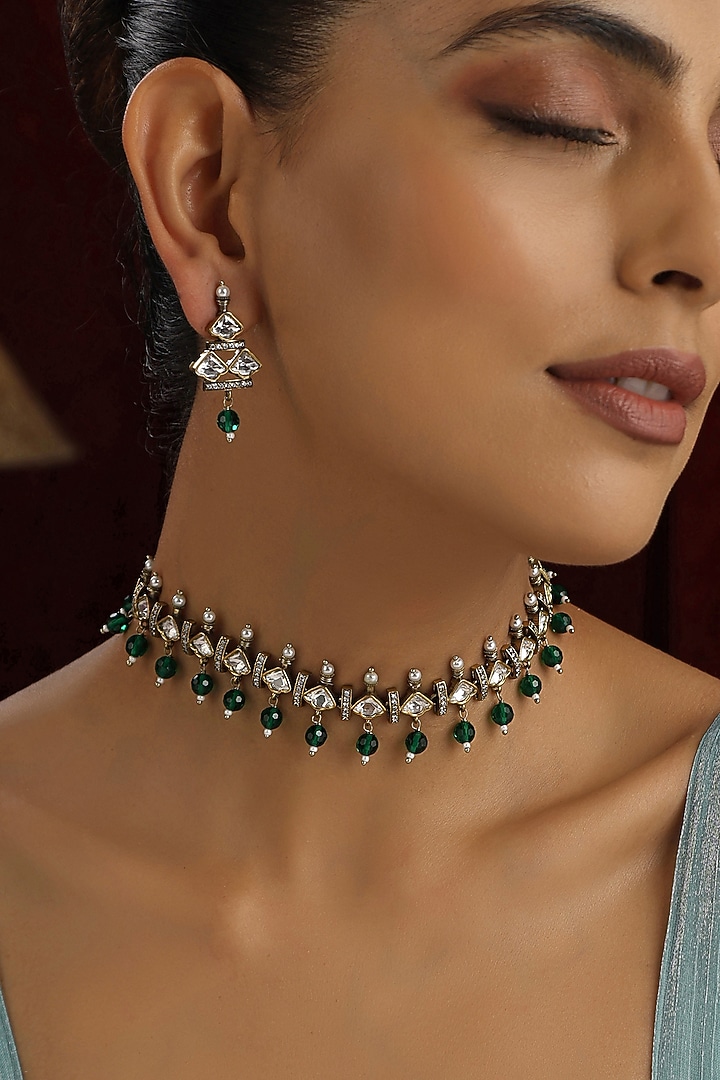 Gold Finish Green Kundan Polki Handmade Choker Necklace Set by Swabhimann Jewellery at Pernia's Pop Up Shop