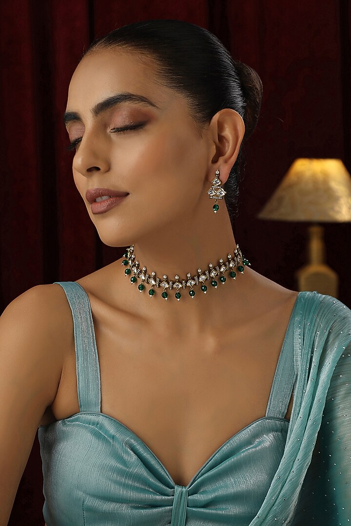 Gold Finish Green Kundan Polki Handmade Choker Necklace Set by Swabhimann Jewellery at Pernia's Pop Up Shop