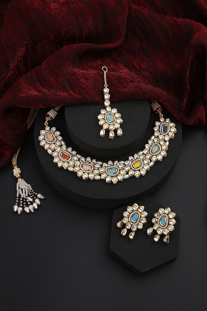 Gold Finish Multi-Colored Kundan Polki Handmade Choker Necklace Set by Swabhimann Jewellery at Pernia's Pop Up Shop