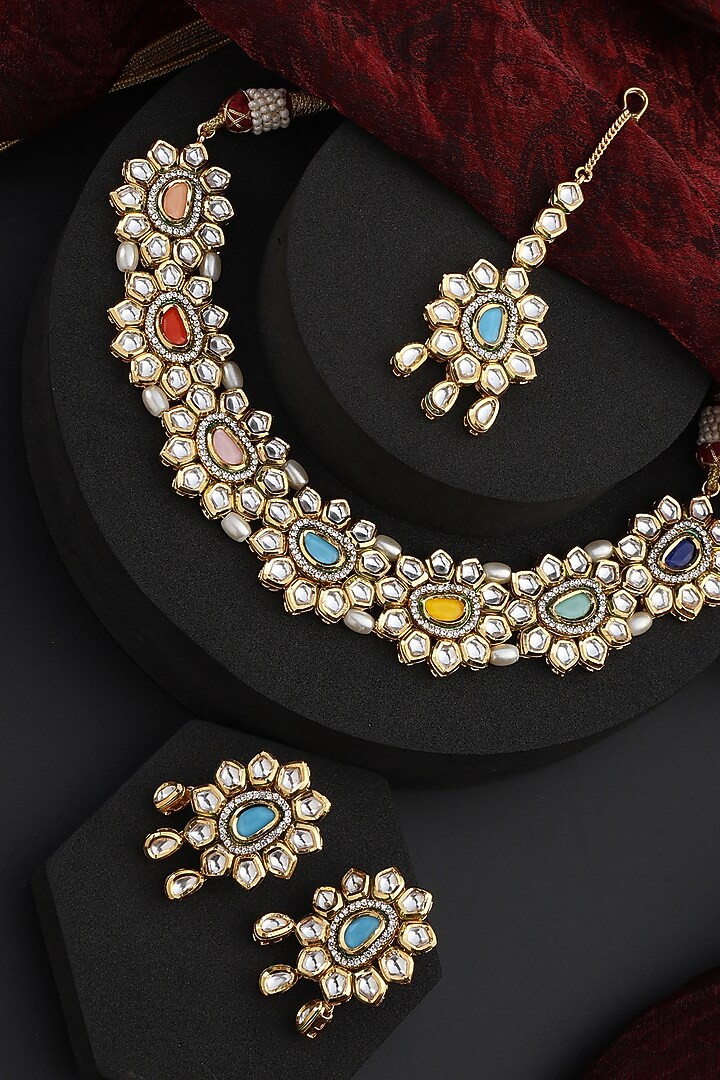 Gold Finish Multi-Colored Kundan Polki Handmade Choker Necklace Set by Swabhimann Jewellery at Pernia's Pop Up Shop