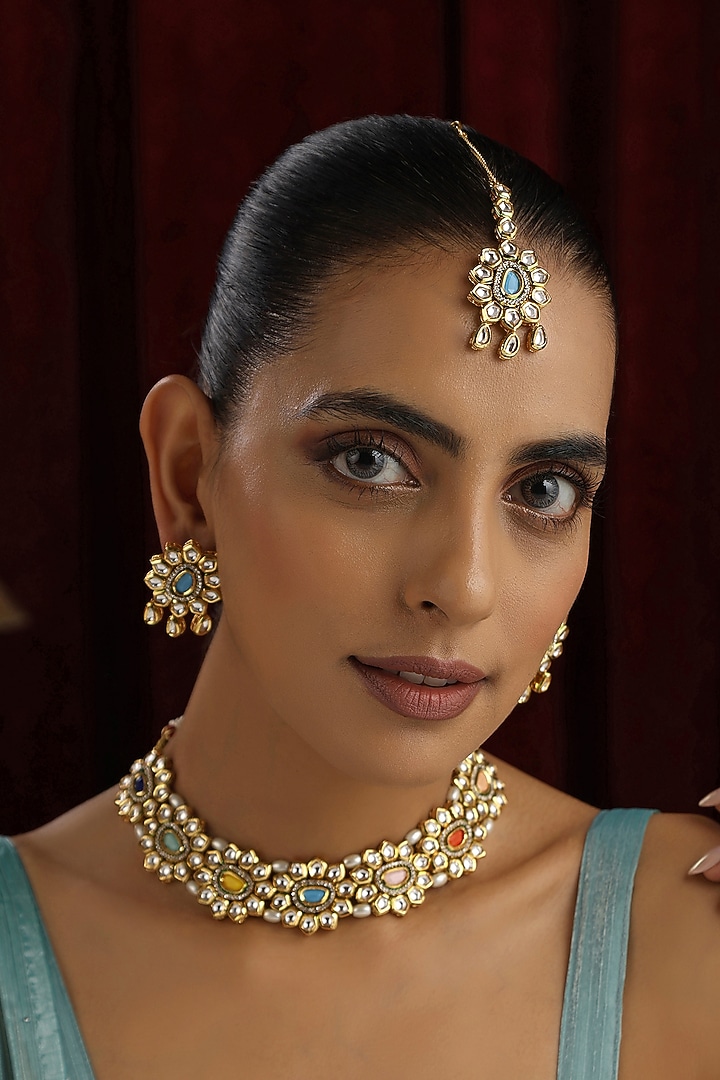 Gold Finish Multi-Colored Kundan Polki Handmade Choker Necklace Set by Swabhimann Jewellery at Pernia's Pop Up Shop