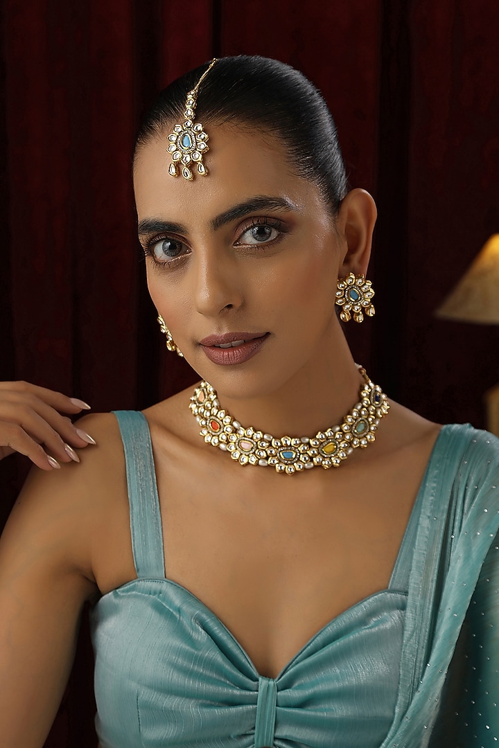 Gold Finish Multi-Colored Kundan Polki Handmade Choker Necklace Set by Swabhimann Jewellery at Pernia's Pop Up Shop