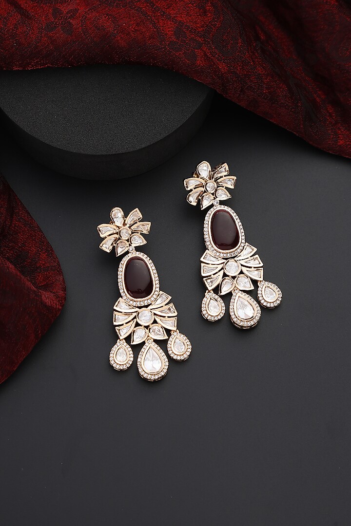 Rose Gold Finish Red Kundan Polki Handmade Dangler Earrings by Swabhimann Jewellery at Pernia's Pop Up Shop