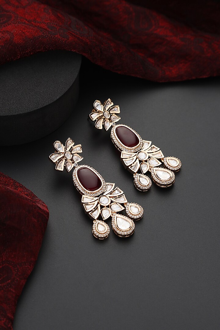 Rose Gold Finish Red Kundan Polki Handmade Dangler Earrings by Swabhimann Jewellery at Pernia's Pop Up Shop