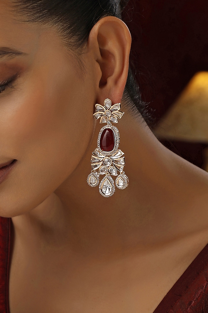 Rose Gold Finish Red Kundan Polki Handmade Dangler Earrings by Swabhimann Jewellery at Pernia's Pop Up Shop