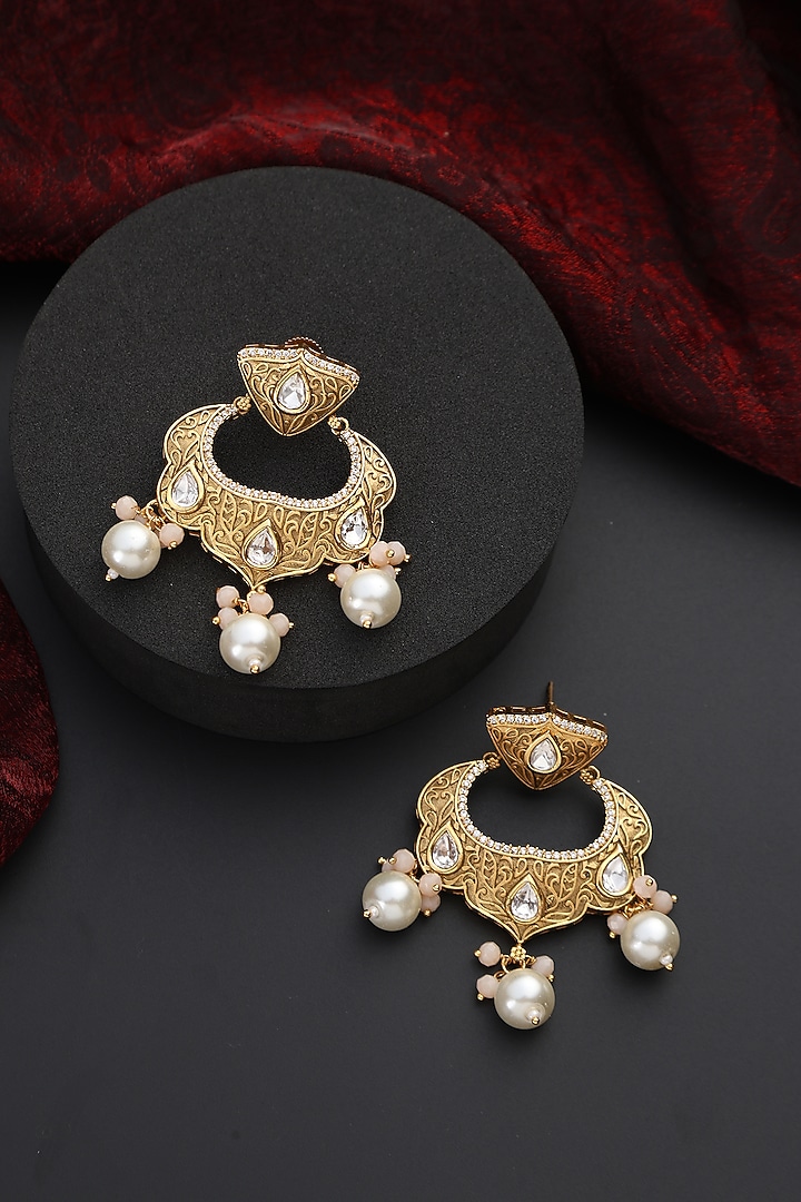 Gold Finish Kundan Polki Handmade Chandbali Earrings by Swabhimann Jewellery at Pernia's Pop Up Shop