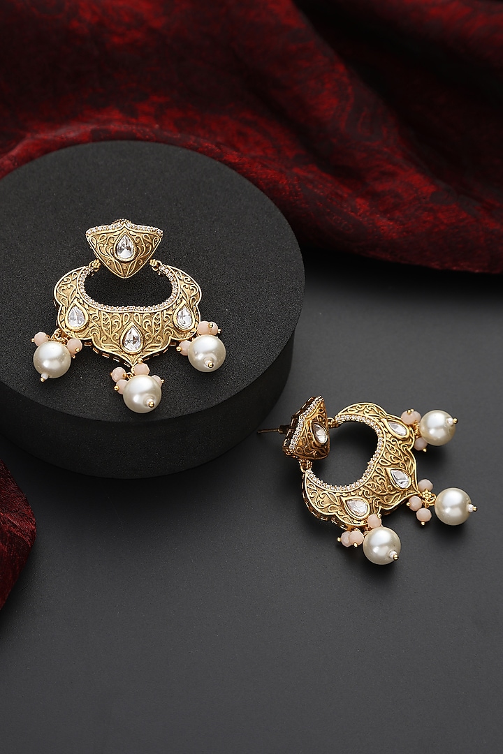 Gold Finish Kundan Polki Handmade Chandbali Earrings by Swabhimann Jewellery at Pernia's Pop Up Shop