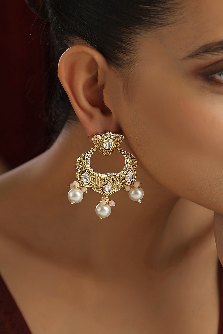 Gold Finish Kundan Polki Handmade Chandbali Earrings by Swabhimann Jewellery at Pernia's Pop Up Shop