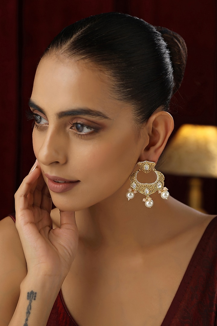 Gold Finish Kundan Polki Handmade Chandbali Earrings by Swabhimann Jewellery at Pernia's Pop Up Shop